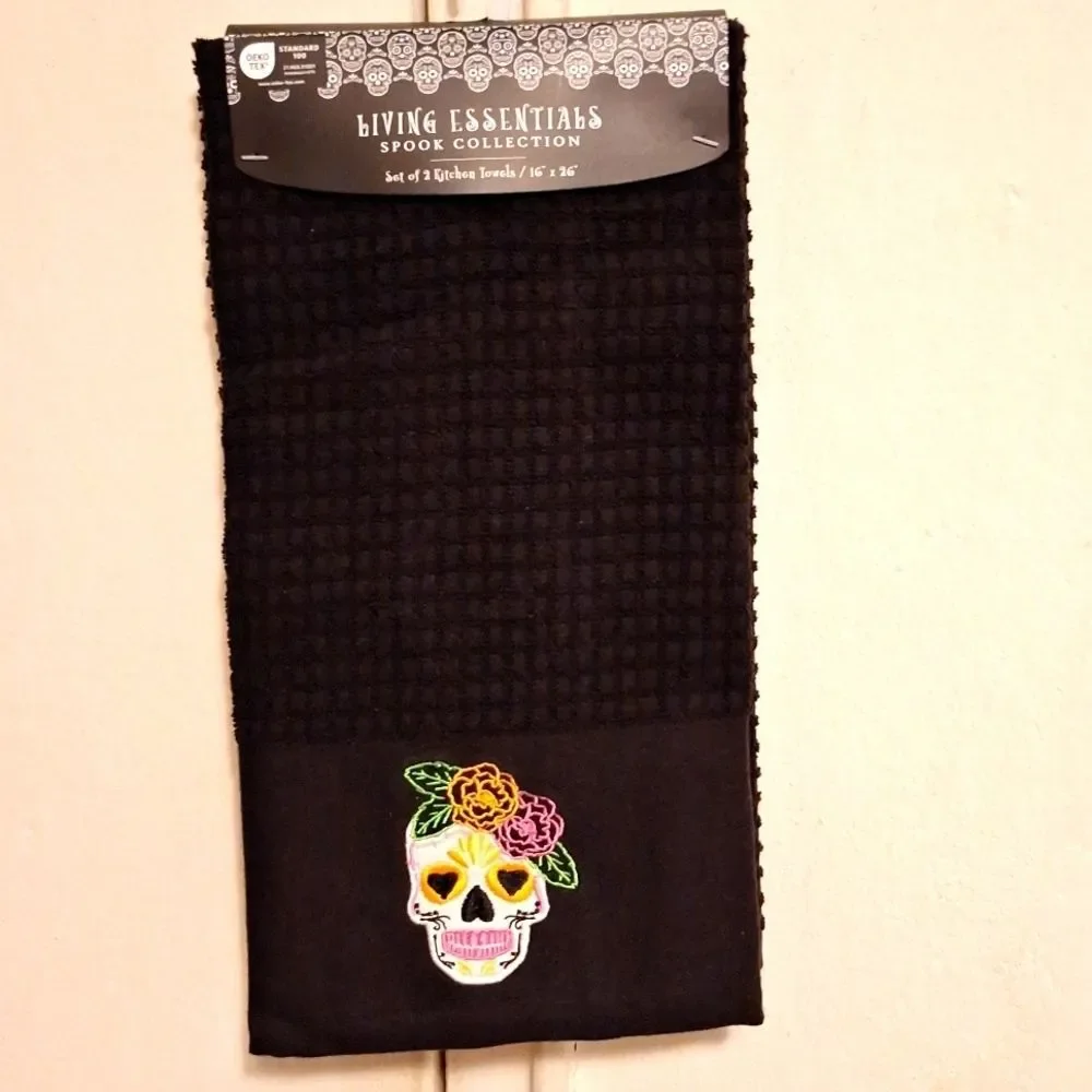 black cotton day of the dead skull kitchen towels